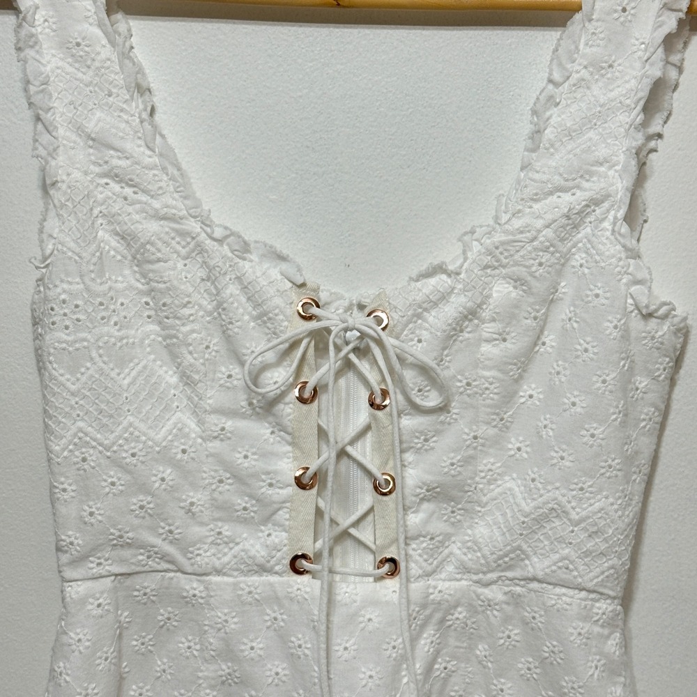 For Love & Lemons Charlotte Eyelet Lace Up Mini‎ Dress Womens XS White Milkmaid - Picture 4 of 13